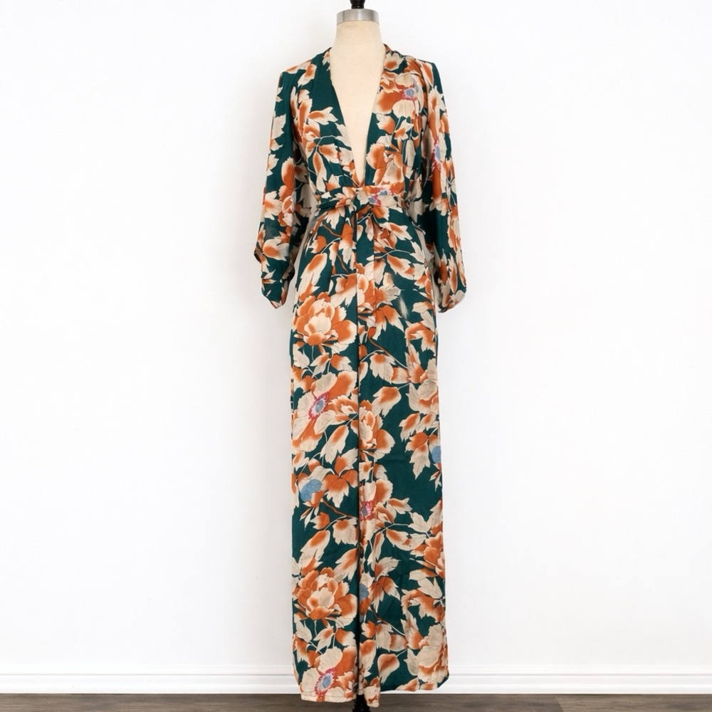 Lulu's Teal Flora Jumpsuit with Rust & Cream Blooms | L